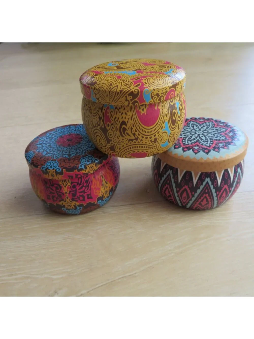 Set of 3 Small Mandala Patterned EMPTY Metal Storage Tins with Lids - 2